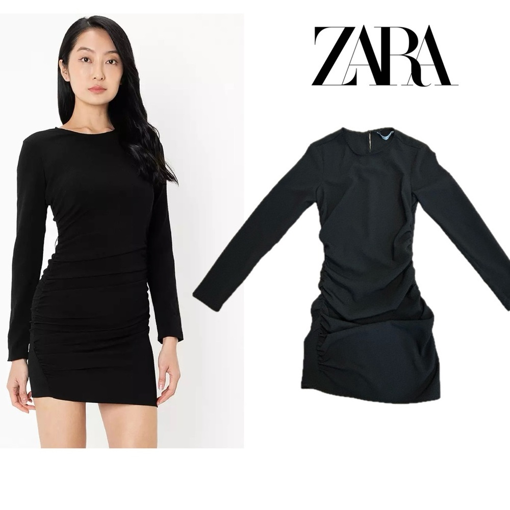 Zara Black ruched stretchy long sleeve mini bodycon dress Sz S party Vegas
